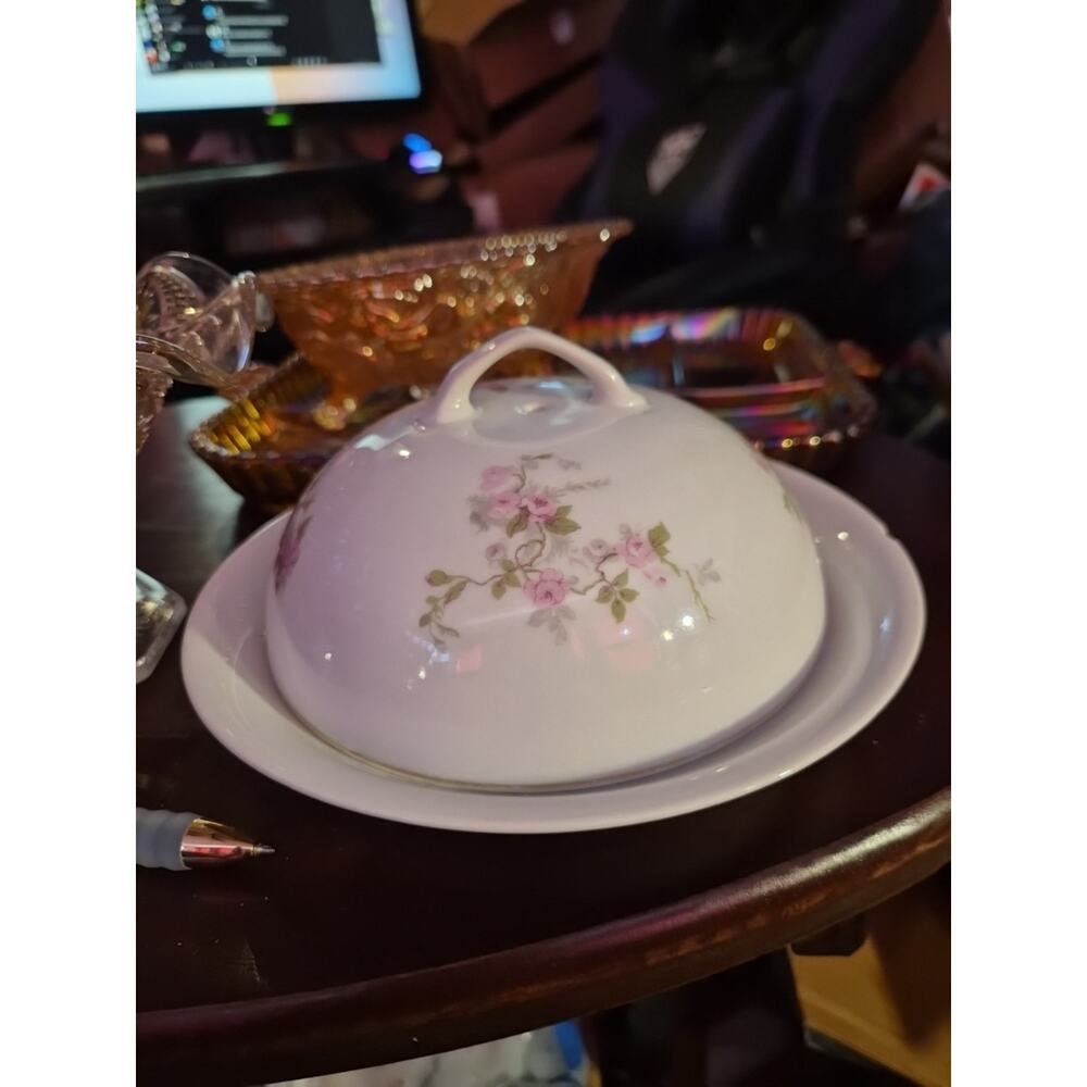 FRENCH THEODORE HAVILAND LIMOGES CHINA "ROSE FLORAL with GILT STAIN" BUTTER DISH